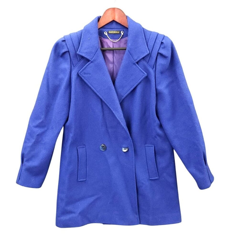 Vintage Royal Blue Union Made Wool Coat Size 9 Double-Breasted USA Made